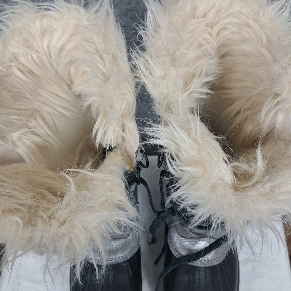 Sorel‎ Women's Waterproof Snow Boots Gray Metallic Fur Lined Lace Up Size 6